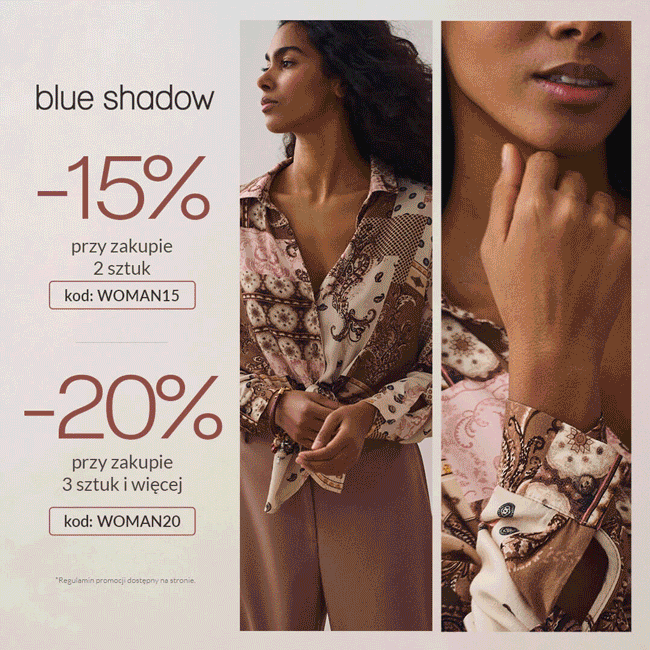 Zdjęcie zawiera tekst opisujący zasady akcji promocyjnej “Przy zakupie 2 sztuk -15% z kodem WOMAN15, a przy zakupie 3 sztuk i więcej -20% z kodem WOMAN20“